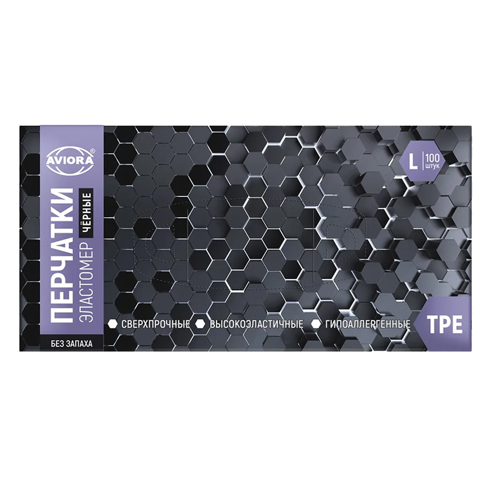 S Перчатки ТПЭ эластомерные чёрные размер М Aviora (100шт/уп)