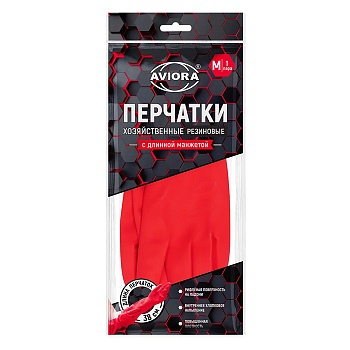 S Перчатки хозяйственные красные резиновые с удлиненной манжетой M , AVIORA (1пара)