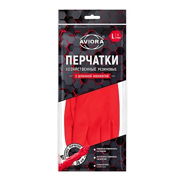 S Перчатки хозяйственные красные резиновые с удлиненной манжетой L , AVIORA (1пара)