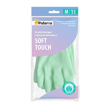 Перчатки хозяйственные, латексные, SOFT TOUCH с экстрактом алоэ, хлопк. напыл, М, PATERRA (1 пара)